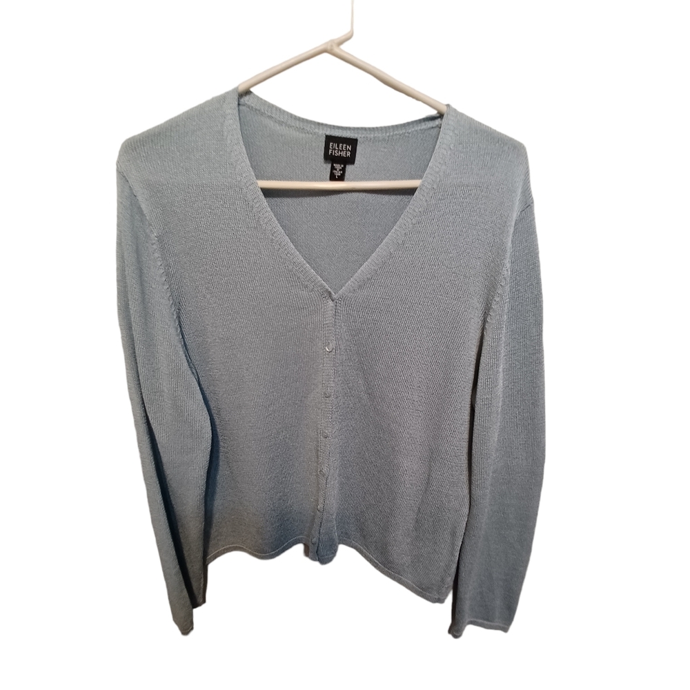 Eileen fisher sheen pale blue button down vneck cardigan sweater size large